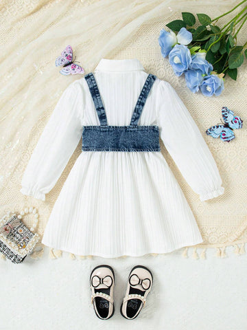 Girls Solid Color Long Sleeve Shirt Dress + Denim Vest 2-Piece Set