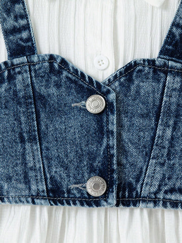 Girls Solid Color Long Sleeve Shirt Dress + Denim Vest 2-Piece Set