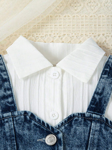 Girls Solid Color Long Sleeve Shirt Dress + Denim Vest 2-Piece Set