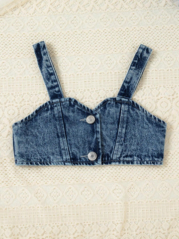 Girls Solid Color Long Sleeve Shirt Dress + Denim Vest 2-Piece Set