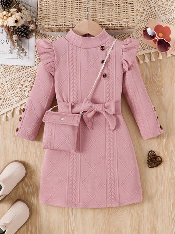 Girls' Solid Color Long Sleeve Straight Dress With Flare Sleeves, Waist Belt And Bag, Trendy, Spring & Autumn