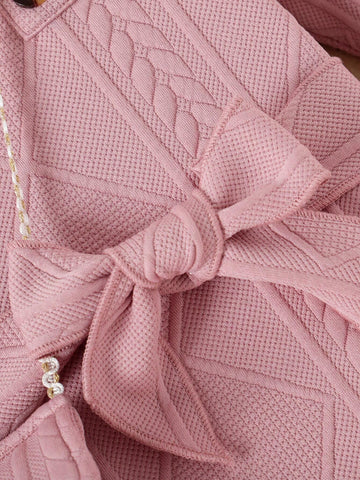 Girls' Solid Color Long Sleeve Straight Dress With Flare Sleeves, Waist Belt And Bag, Trendy, Spring & Autumn