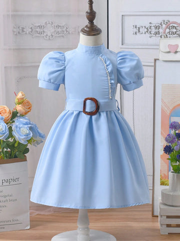 Girls' Solid Color Puff Sleeve Dress With Belt, Summer