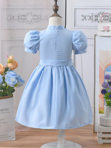 Girls' Solid Color Puff Sleeve Dress With Belt, Summer