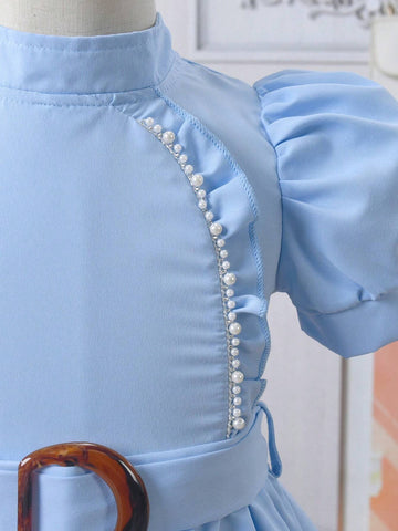 Girls' Solid Color Puff Sleeve Dress With Belt, Summer