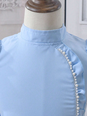 Girls' Solid Color Puff Sleeve Dress With Belt, Summer