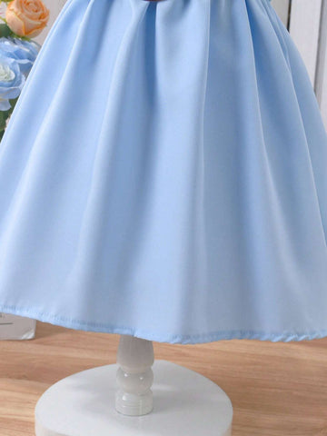 Girls' Solid Color Puff Sleeve Dress With Belt, Summer