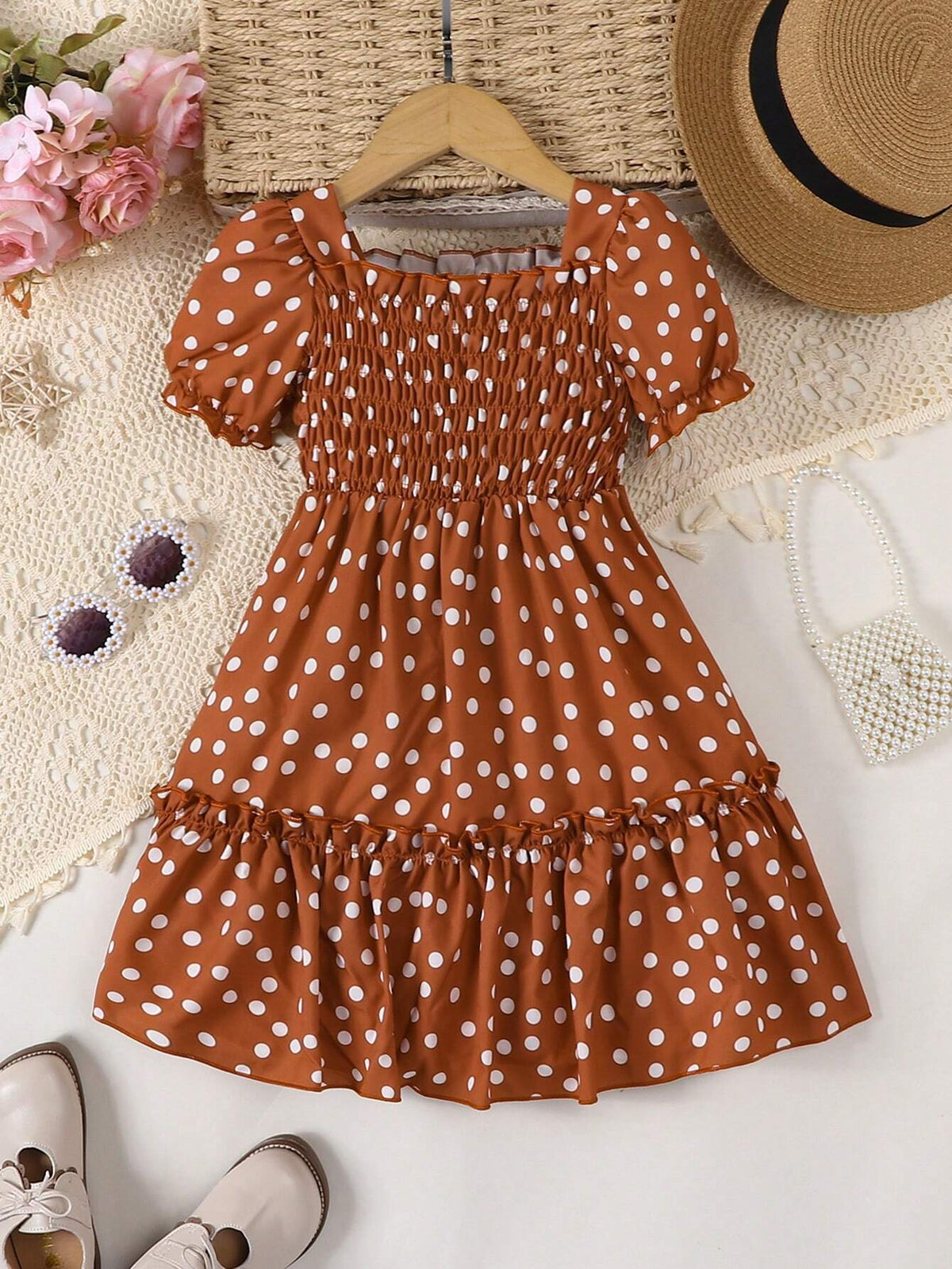 Girls' Solid Color Puff Sleeve Polka Dot Casual Dress With Lace Trim