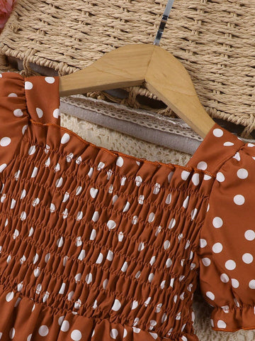 Girls' Solid Color Puff Sleeve Polka Dot Casual Dress With Lace Trim