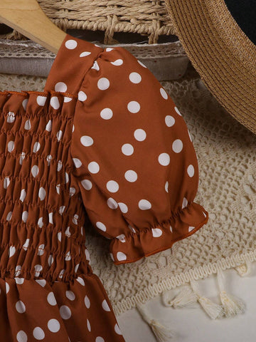 Girls' Solid Color Puff Sleeve Polka Dot Casual Dress With Lace Trim