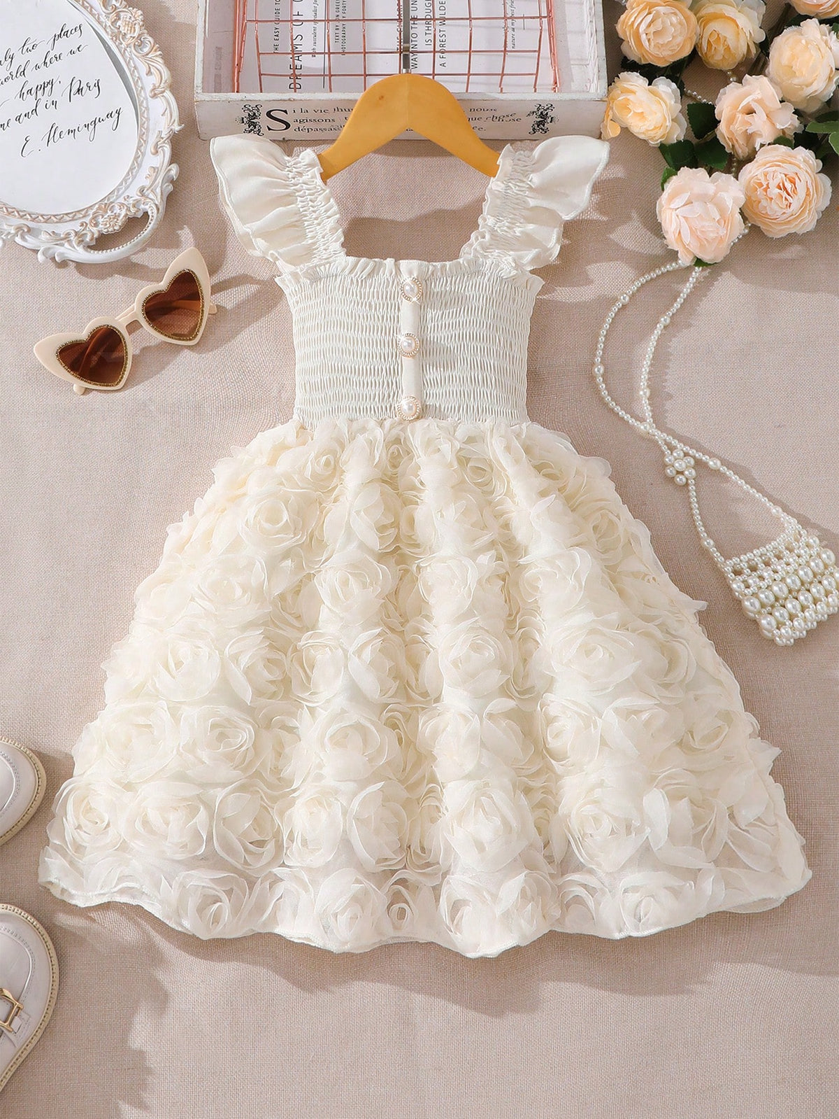 Girls' Solid Color Ruffled With Cap Sleeve Floral Patchwork Elegant Summer Dress