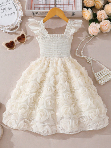 Girls' Solid Color Ruffled With Cap Sleeve Floral Patchwork Elegant Summer Dress