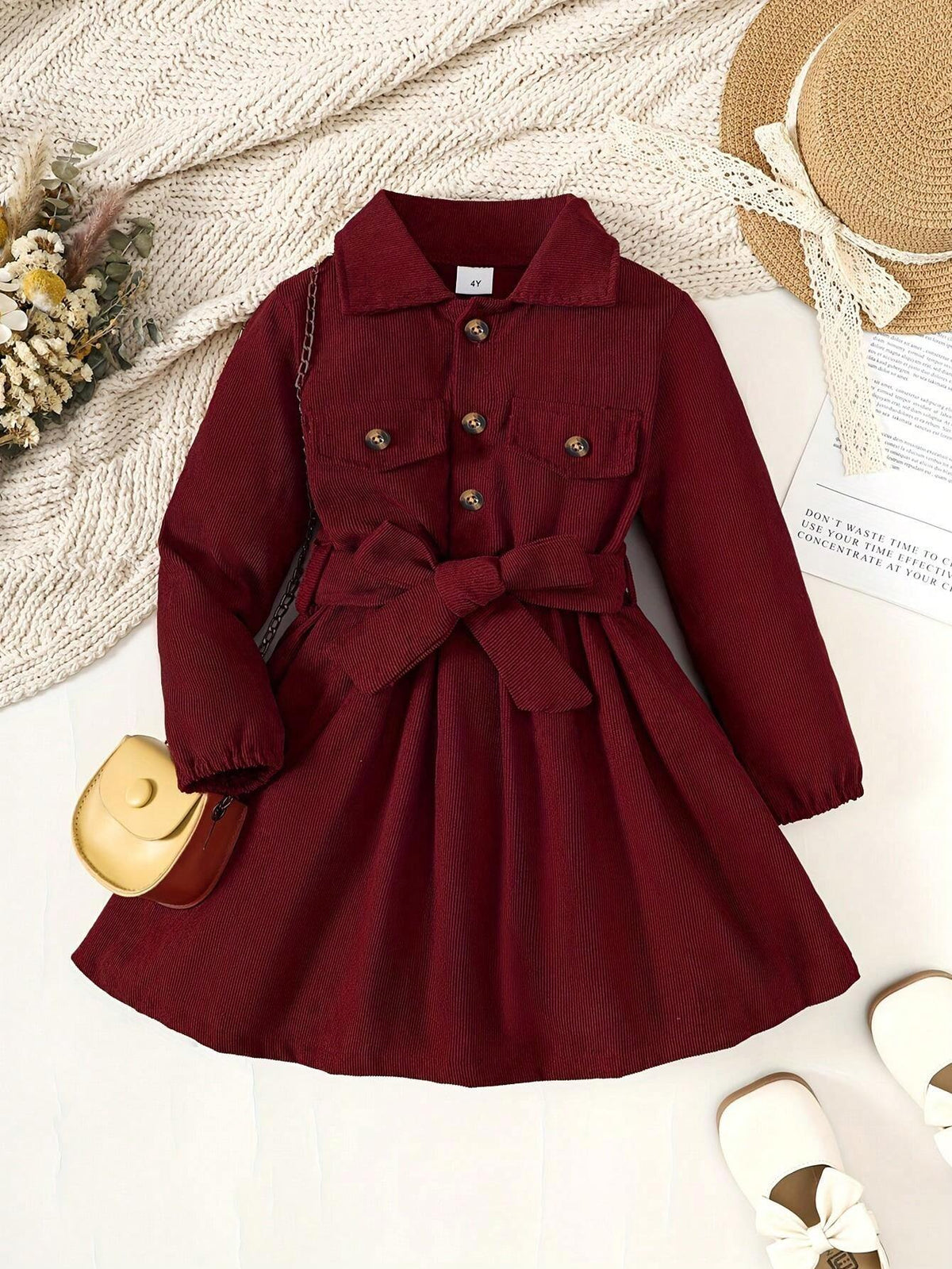 Girls Solid Color Single-Breasted Lapel Shirt Dress, Fashionable Formal Dress Suitable For Spring, Summer, Autumn And Winter