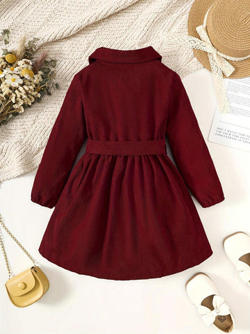 Girls Solid Color Single-Breasted Lapel Shirt Dress, Fashionable Formal Dress Suitable For Spring, Summer, Autumn And Winter