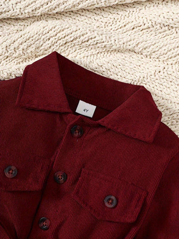 Girls Solid Color Single-Breasted Lapel Shirt Dress, Fashionable Formal Dress Suitable For Spring, Summer, Autumn And Winter