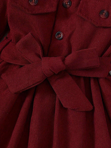 Girls Solid Color Single-Breasted Lapel Shirt Dress, Fashionable Formal Dress Suitable For Spring, Summer, Autumn And Winter