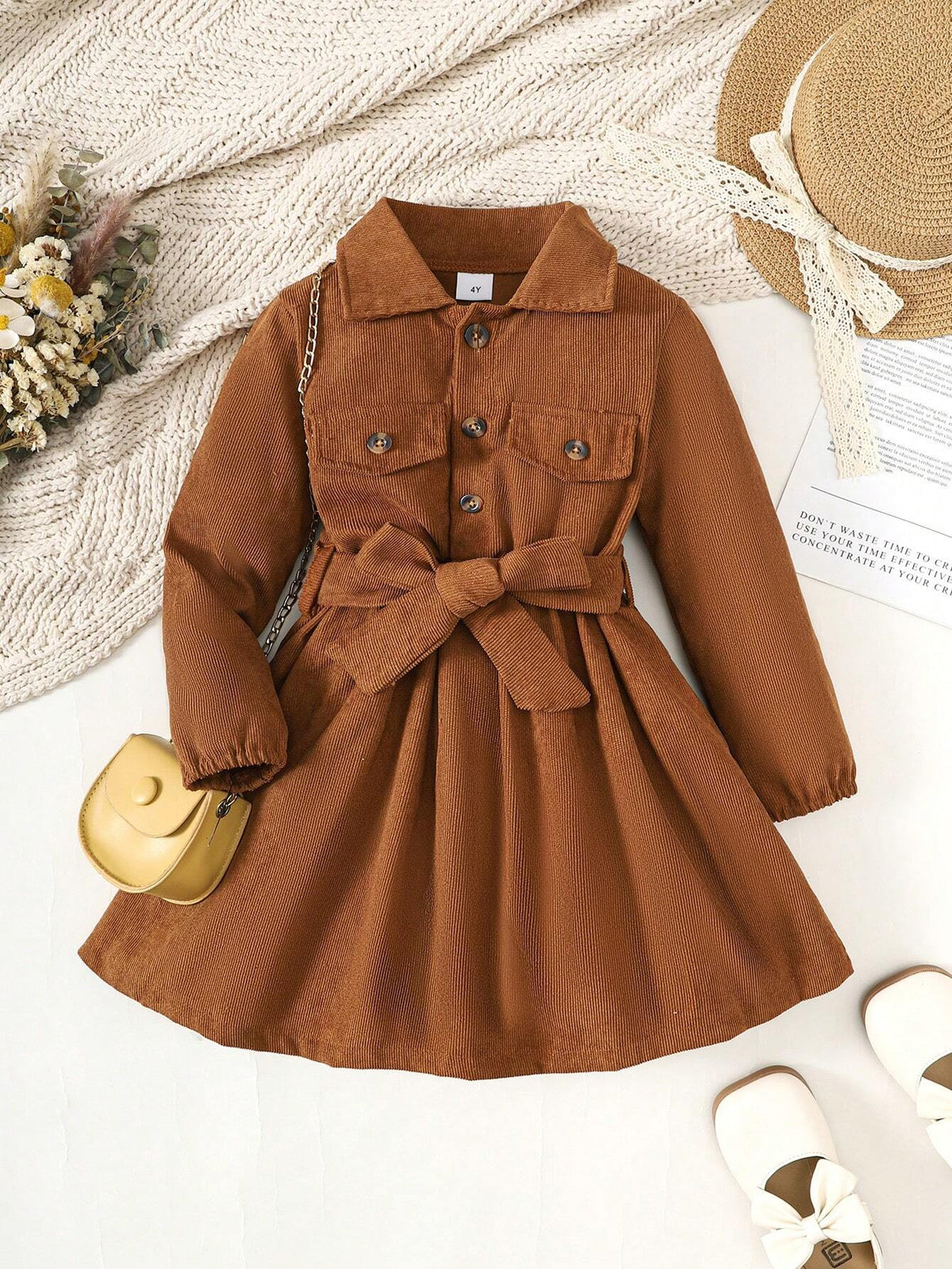 Girls Solid Color Single-Breasted Lapel Shirt Dress, Fashionable Girls Formal Dress Suitable For Spring, Summer, Fall And Winter