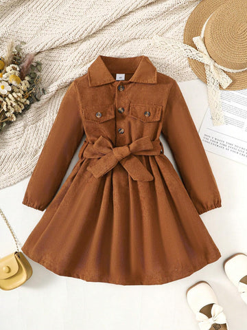 Girls Solid Color Single-Breasted Lapel Shirt Dress, Fashionable Girls Formal Dress Suitable For Spring, Summer, Fall And Winter
