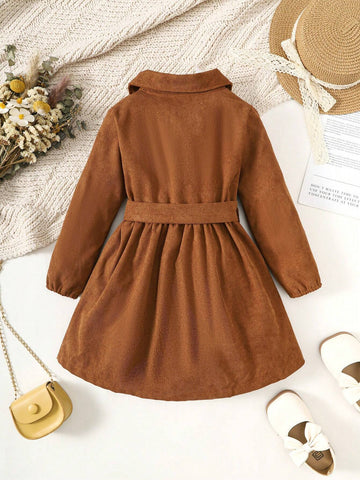 Girls Solid Color Single-Breasted Lapel Shirt Dress, Fashionable Girls Formal Dress Suitable For Spring, Summer, Fall And Winter