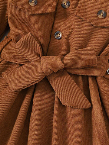 Girls Solid Color Single-Breasted Lapel Shirt Dress, Fashionable Girls Formal Dress Suitable For Spring, Summer, Fall And Winter