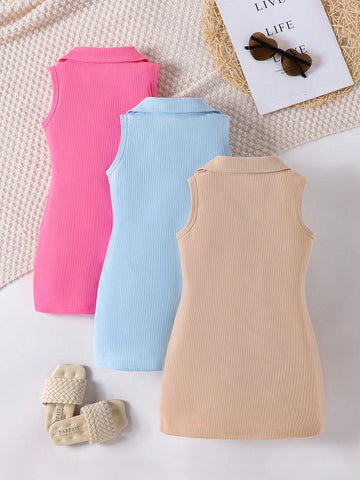 Girls' Solid Color Sleeveless V-Neck Dress 3-Piece Set With Elegant