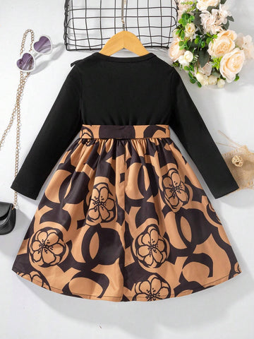 Girls Solid Color & Floral Print Patchwork Round Neck Long Sleeve Dress