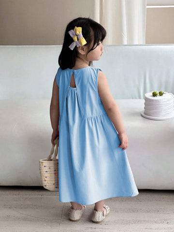 Girls' Solid Ruched Detail Decor Dress, Suitable For Summer Outdoor Wear