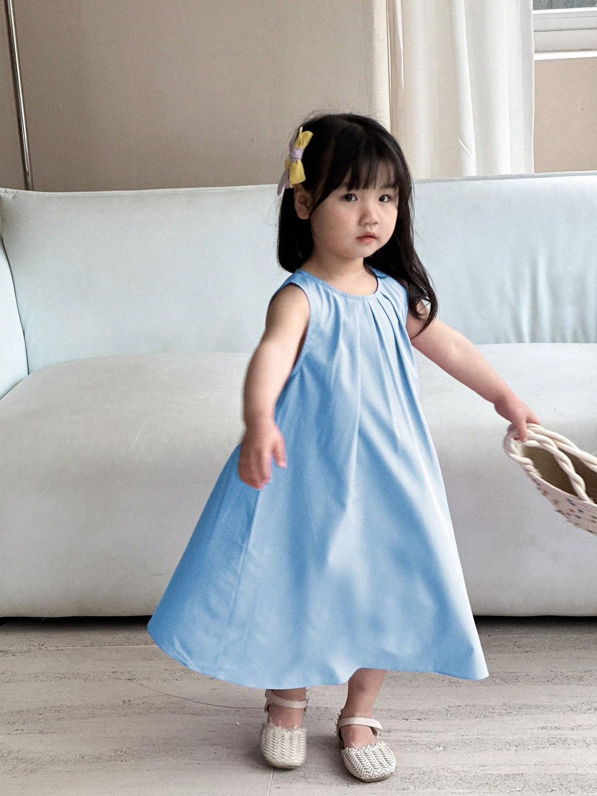 Girls' Solid Ruched Detail Decor Dress, Suitable For Summer Outdoor Wear