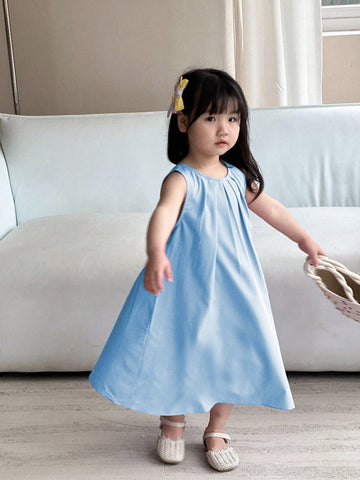 Girls' Solid Ruched Detail Decor Dress, Suitable For Summer Outdoor Wear