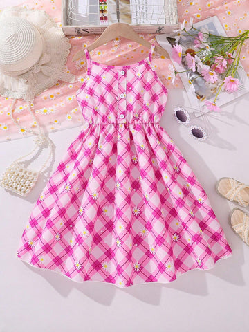 Girls' Spaghetti Strap V-Neck Dress, Floral Pink Plaid Print Casual Summer A-Line Dress With Gathered Waist