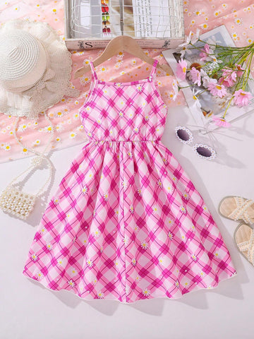Girls' Spaghetti Strap V-Neck Dress, Floral Pink Plaid Print Casual Summer A-Line Dress With Gathered Waist