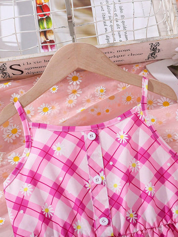 Girls' Spaghetti Strap V-Neck Dress, Floral Pink Plaid Print Casual Summer A-Line Dress With Gathered Waist