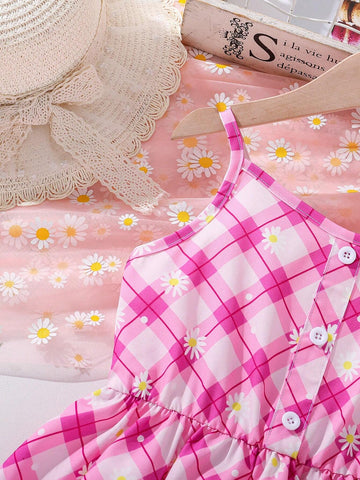 Girls' Spaghetti Strap V-Neck Dress, Floral Pink Plaid Print Casual Summer A-Line Dress With Gathered Waist