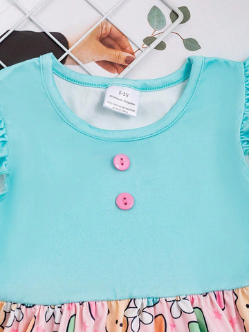 Girls Splicing Bunny & Flower Graphic Flutter Trim Sleeveless Dress Summer Clothes Easter