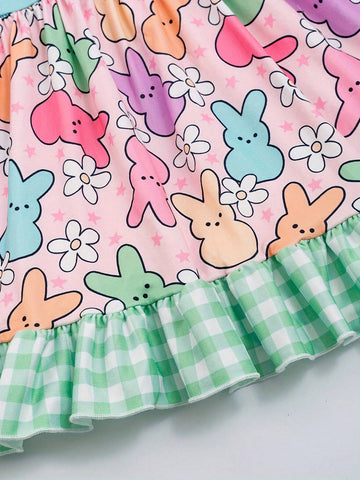Girls Splicing Bunny & Flower Graphic Flutter Trim Sleeveless Dress Summer Clothes Easter