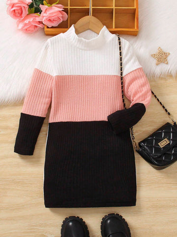 Girls Spring/Autumn Casual Colorblock Half Turtleneck Long Sleeve Dress, Little Girl
