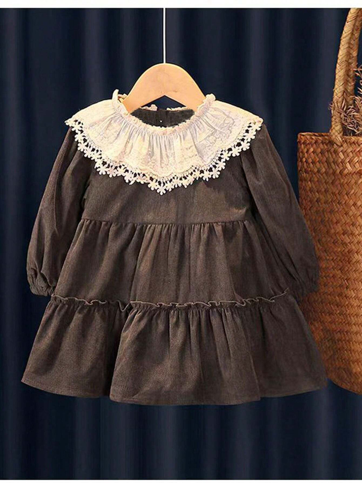 Girls Spring/Autumn Corduroy Lace Collar Knee-Length Dress, Mori Girl Style