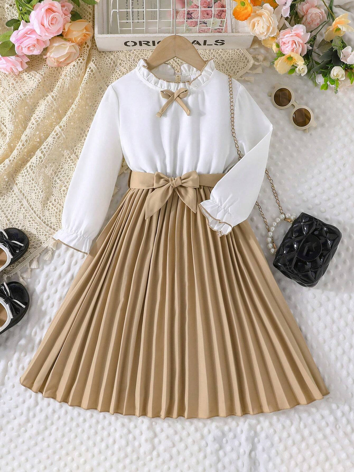 Girls Spring/Autumn Flounced Long Sleeve Fashionable Pleated Elegant Dress