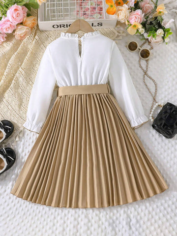 Girls Spring/Autumn Flounced Long Sleeve Fashionable Pleated Elegant Dress