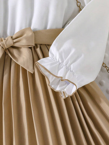 Girls Spring/Autumn Flounced Long Sleeve Fashionable Pleated Elegant Dress