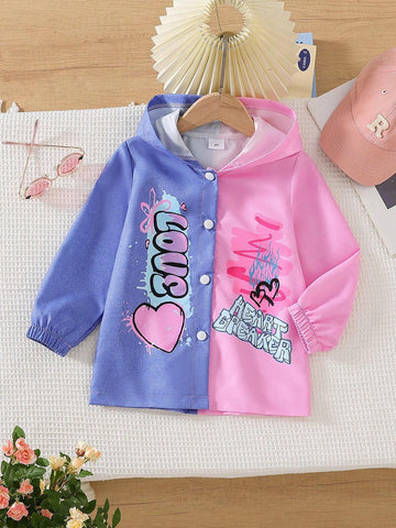 Girls Spring/Autumn Hooded Jacket, Toddler Colorblock Button Up Hoodie Sweatshirt Outwear With Cartoon Heart Print, Young Girl Casual Coat