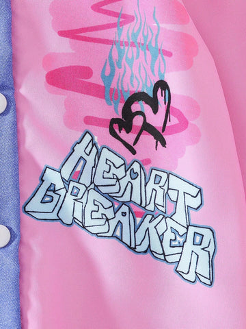 Girls Spring/Autumn Hooded Jacket, Toddler Colorblock Button Up Hoodie Sweatshirt Outwear With Cartoon Heart Print, Young Girl Casual Coat