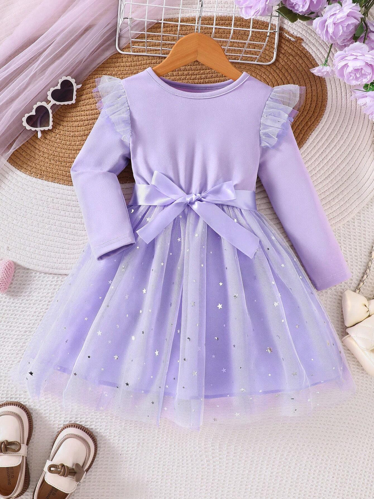 Girls' Spring/Autumn Star Mesh Patchwork Princess Dress With Flare Sleeves