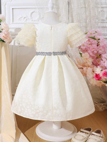Girls' Spring/Summer 3D Relief Texture Mesh Sleeve Elegant Princess Style Dress