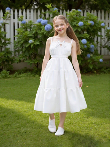 Girls Spring/Summer Casual Cute White Hollow Out Waist Empire Waist Spaghetti Strap Dress