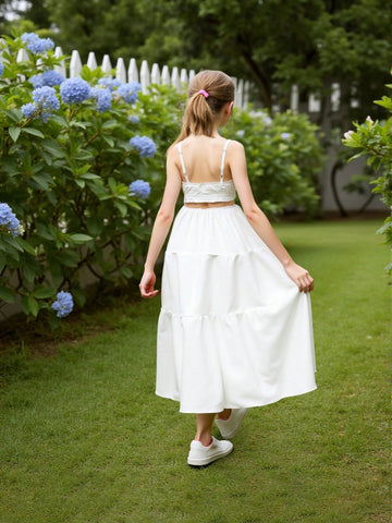 Girls Spring/Summer Casual Cute White Hollow Out Waist Empire Waist Spaghetti Strap Dress