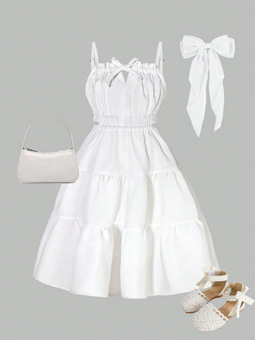 Girls Spring/Summer Casual Cute White Hollow Out Waist Empire Waist Spaghetti Strap Dress