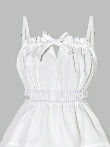 Girls Spring/Summer Casual Cute White Hollow Out Waist Empire Waist Spaghetti Strap Dress