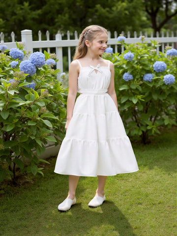 Girls Spring/Summer Casual Cute White Hollow Out Waist Empire Waist Spaghetti Strap Dress