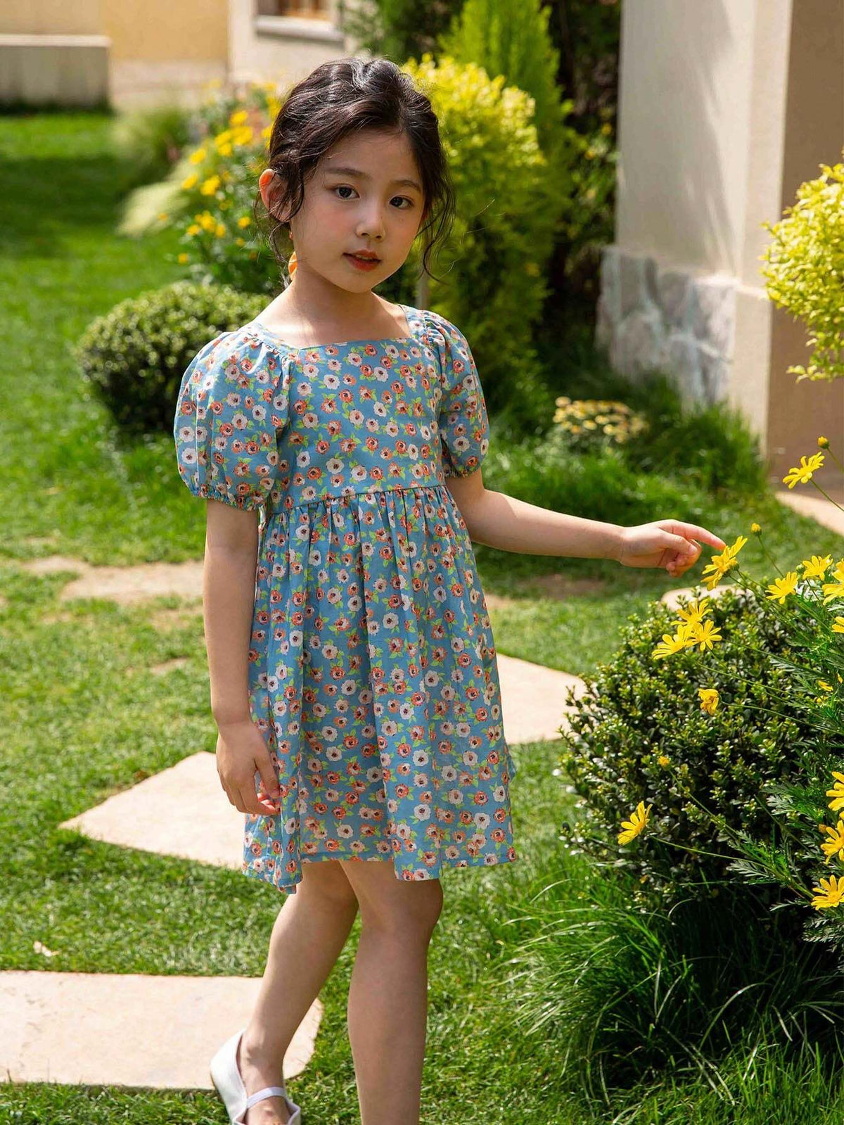 Girls Spring/Summer Casual Dress With Inserted Shoulders, Lantern Sleeves And Digital Printed Pattern